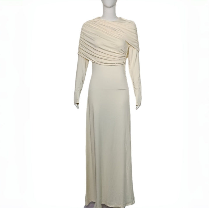Draped Asymmetric Neck Long Sleeve Ruched Bodycon Maxi Dress 2