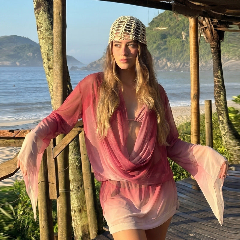 Sheer Ombre Print Draped Cowl Neck Long Sleeve Mini Dress 6