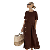 Crew Neck Short Sleeve Side Button Linen Midi Dress Summer 5