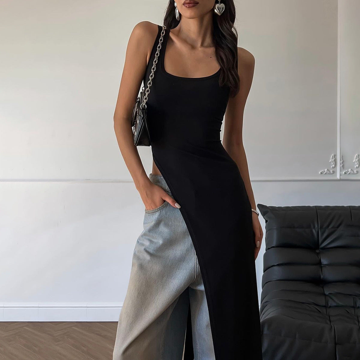 Scoop Neck Sleeveless High Split Fitted Maxi Tank Dress 3
