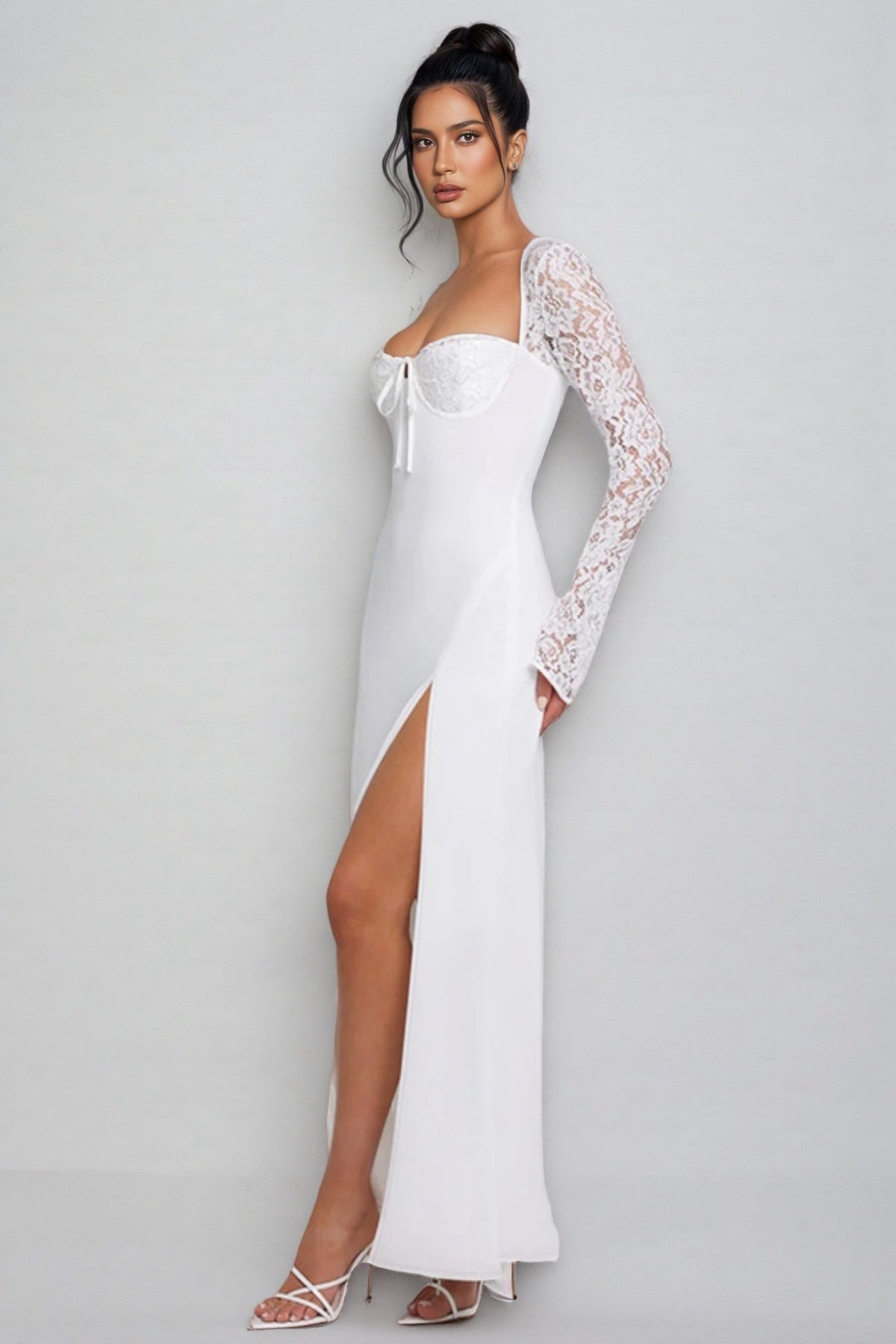 Square Neck Lace Long Sleeve Tie Front High Split Maxi Dress 4