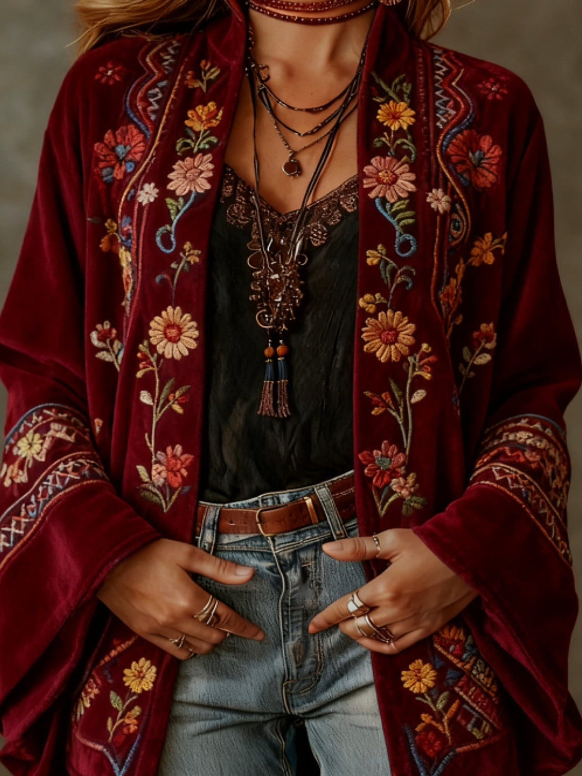 Paisley Velvet Boho Open Front Kimono Cardigan