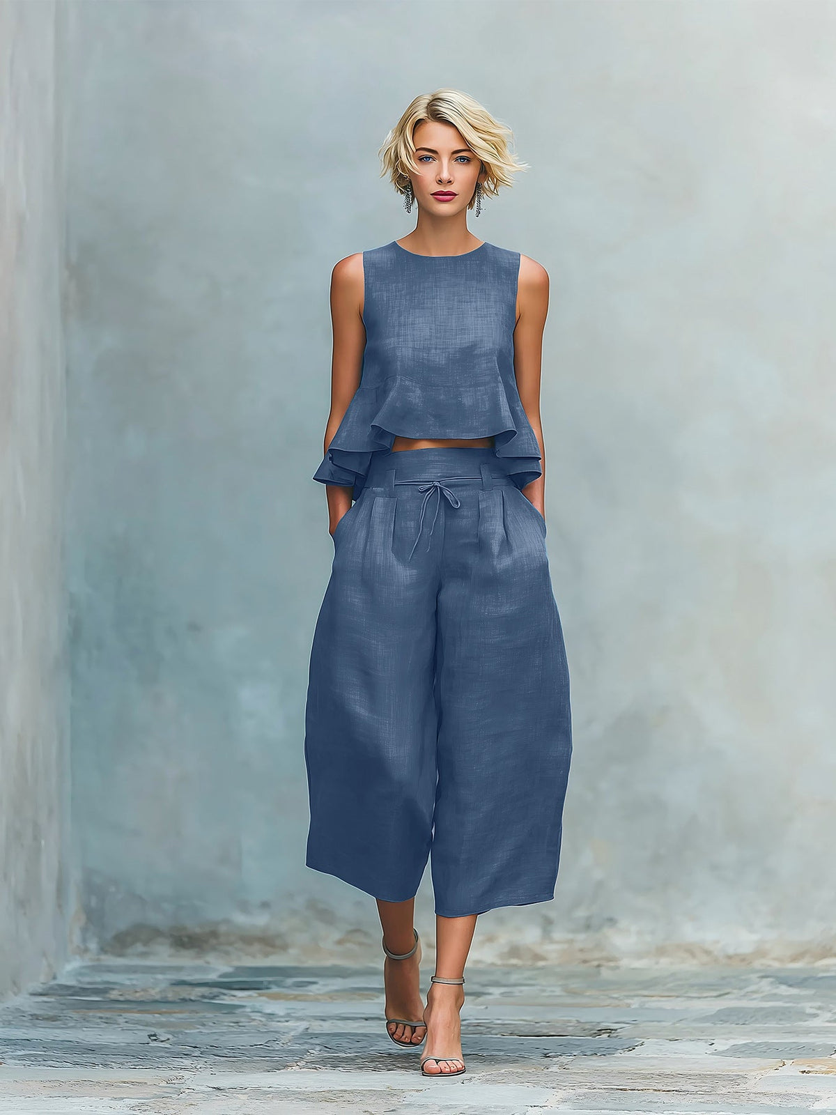 Sleeveless Ruffle Hem Top and Wide Leg Cropped Pants Two Piece Set