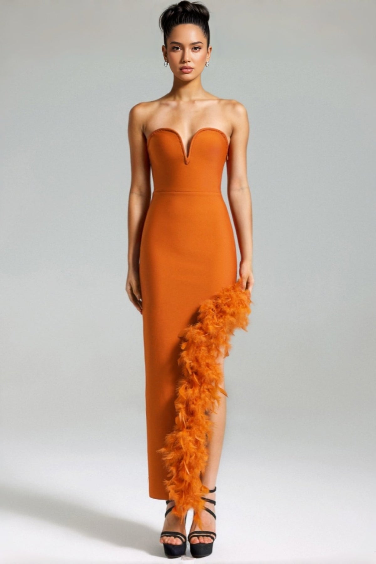 Strapless Plunge Feather Trim Slant Split Bandage Maxi Dress