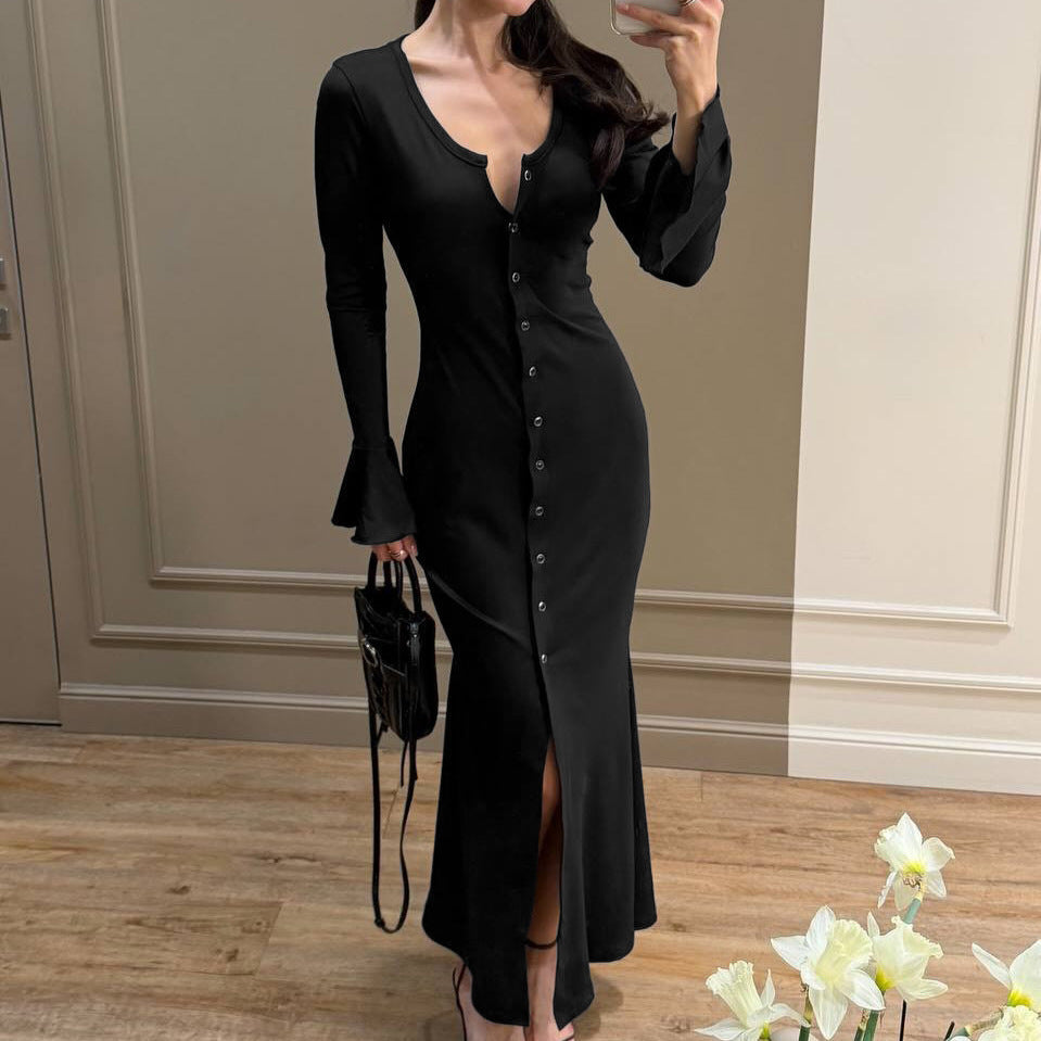 Fall Sexy Knitted Dress Women Single Breasted Bell Sleeve Slim Sheath Embellished Tight Dress