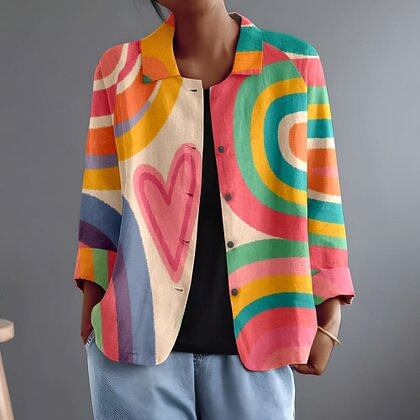 Rainbow Abstract Heart Print Button Front Shirt Jacket