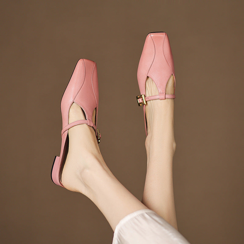 Square Toe Buckle Strap Low Block Heel Mules