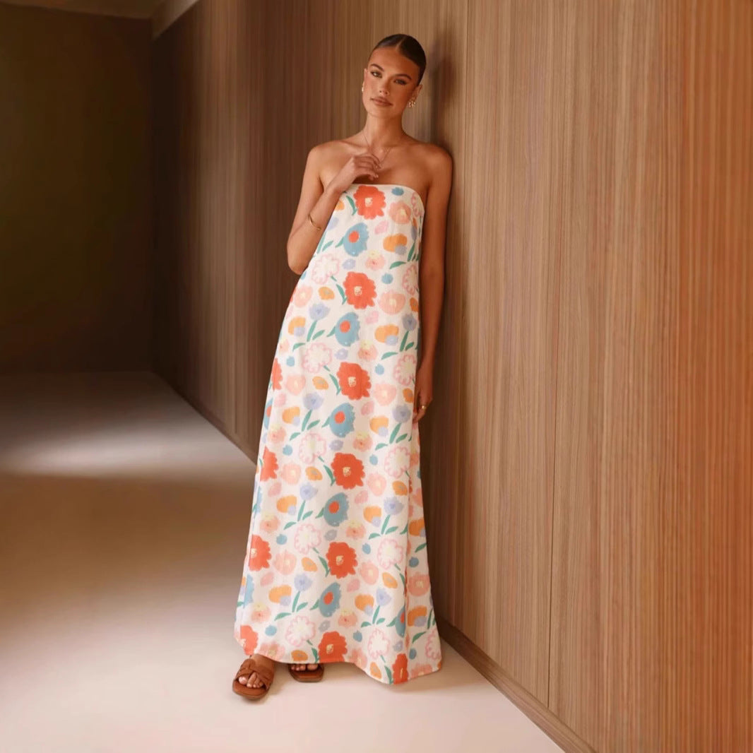 Floral Print Strapless Bandeau Column Maxi Dress