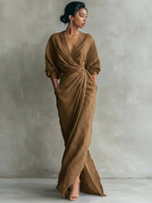 Deep V-Neck Long Sleeve Wrap Ruched High Split Maxi Dress 13