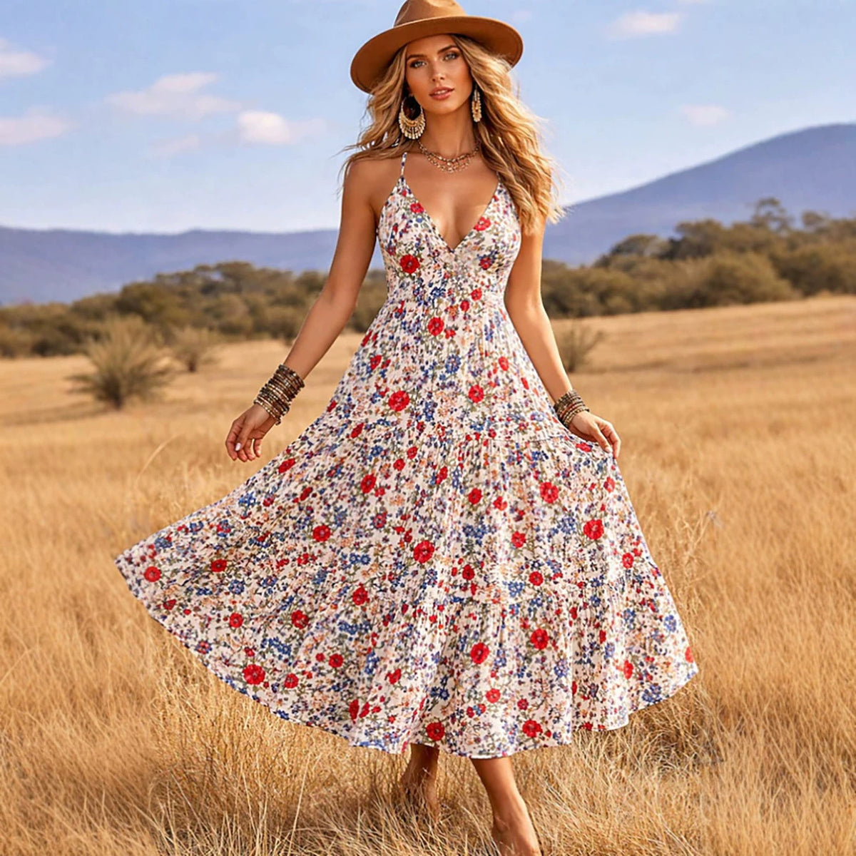 Floral Print V-Neck Cami Tiered Flowy Midi Sundress 3
