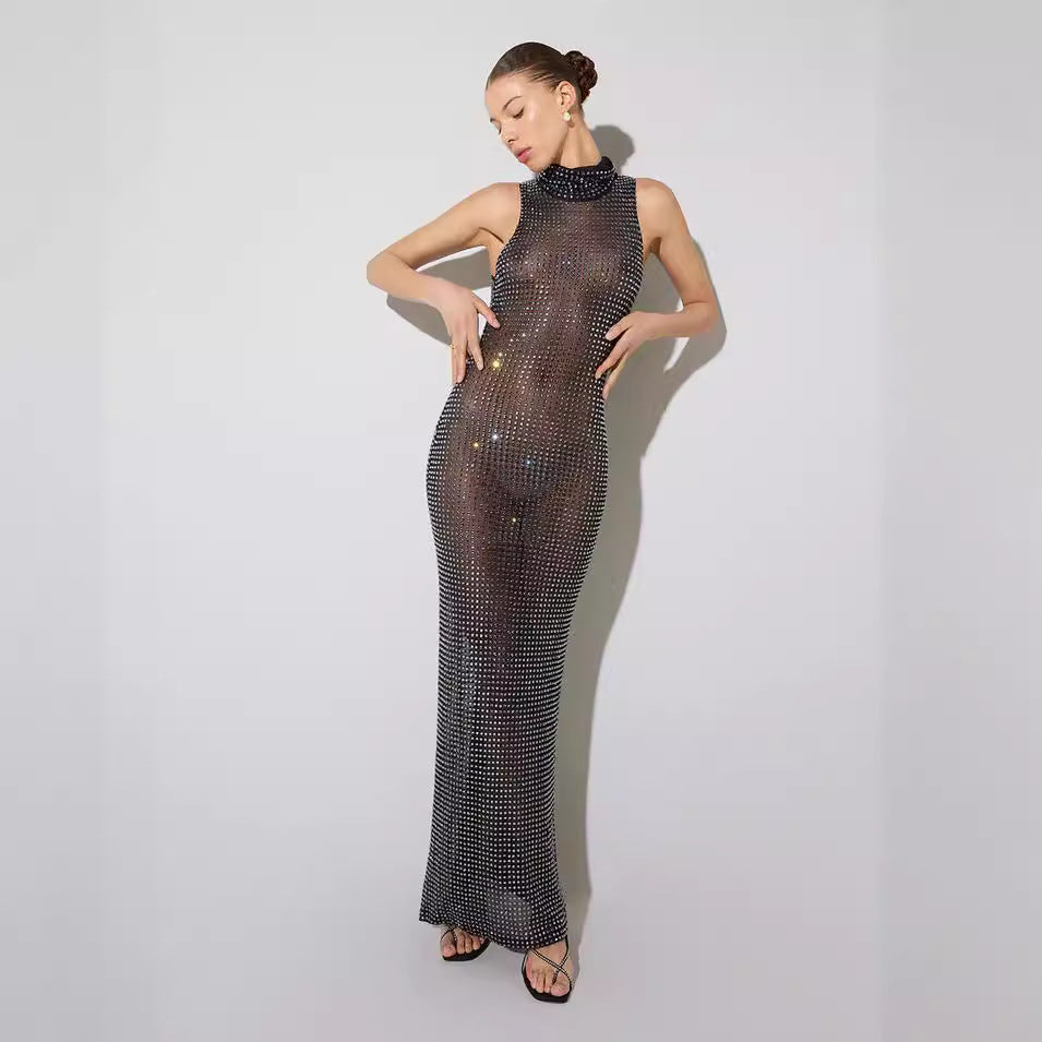 Summer Attractive Sheer Cutout Maxi Dress Mesh Rhinestone Sleeveless Maxi Dress Women