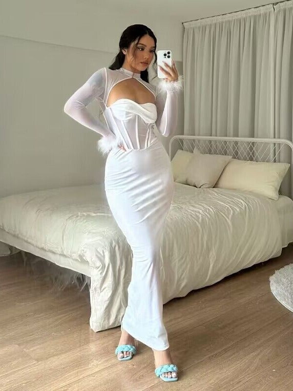 Mock Neck Mesh Long Sleeve Feather Cuff Cut Out Corset Maxi Dress