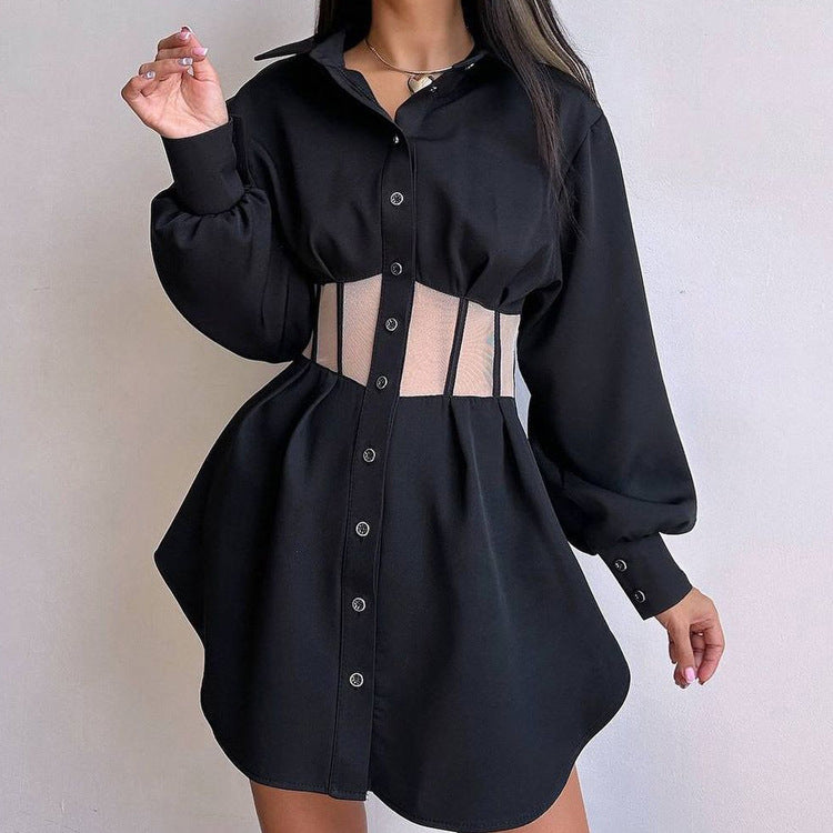 Women See through Collared A line Dress with Mesh Stitching High Waist Long Sleeves Short Design