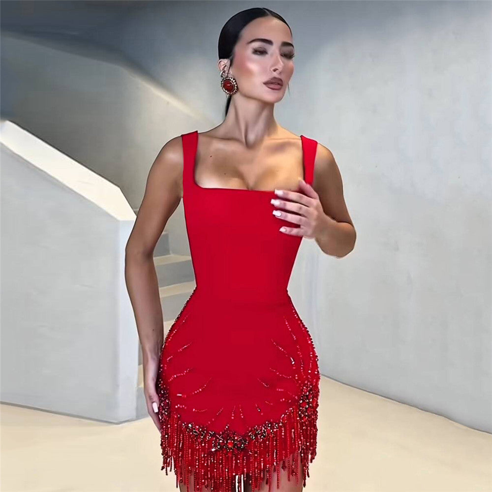 Sexy Sleeveless Diamond Beaded Tassel Bandage One Piece Dress Prom Party Dinner Dress Short