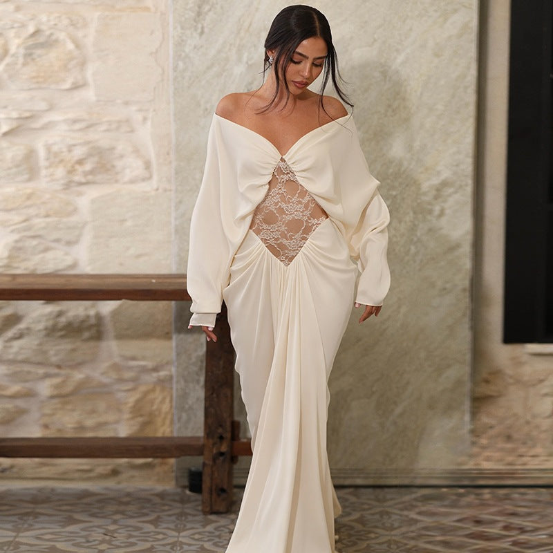 Fall Women Clothing Sexy off Shoulder Lace Stitching French Elegant Long Sleeve Narrow Dress