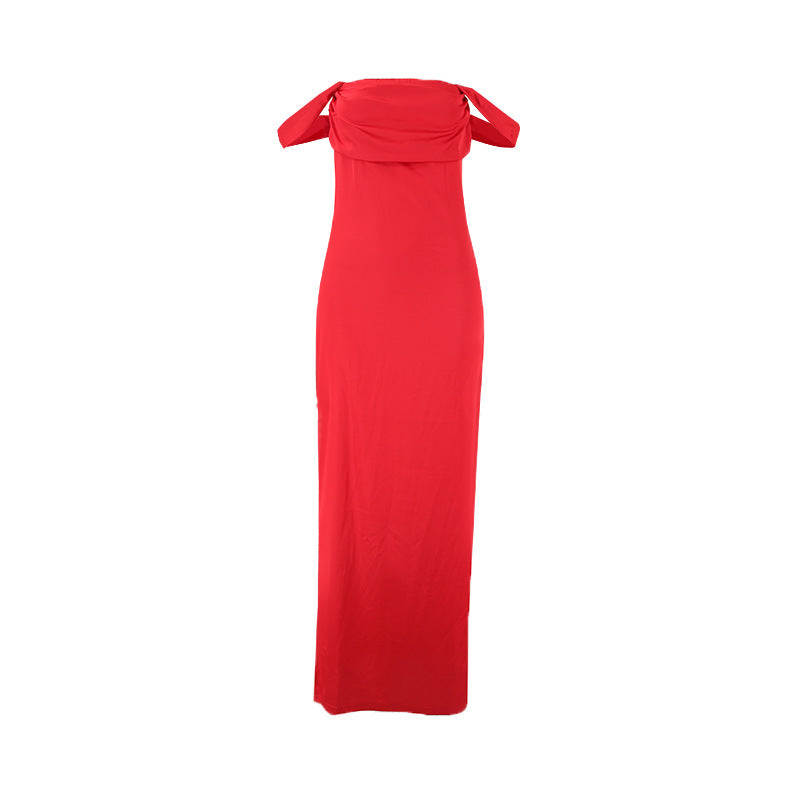 Satin Off Shoulder Draped Strap Backless Column Maxi Dress 5