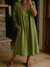 V-Neck Lace Trim Linen Pocket Midi Dress 8