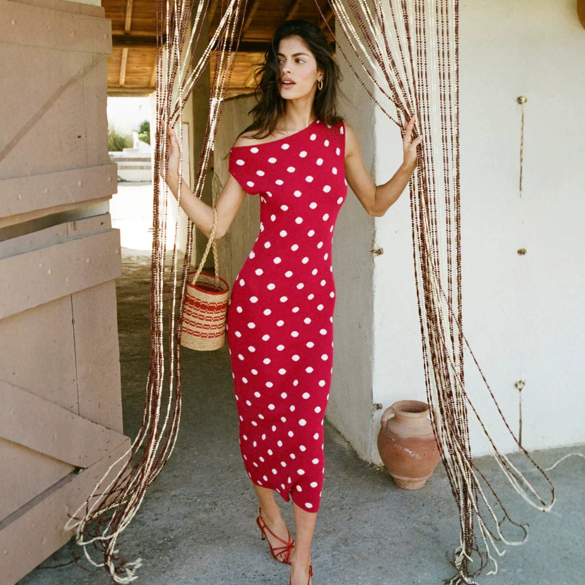 Polka Dot Dress Summer Knitted Sleeveless Irregular Asymmetric Diagonal Collar Vest Dress Long Skirt Women