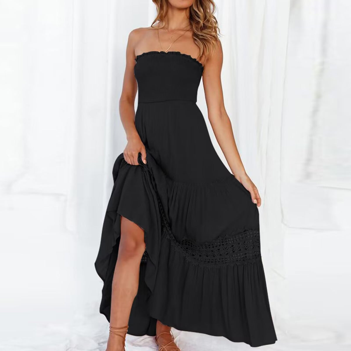 Strapless Smocked Bodice Crochet Lace Insert Tiered Boho Maxi Dress 3