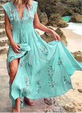 Floral Embroidered Deep V-Neck Smocked Waist Maxi Dress 6