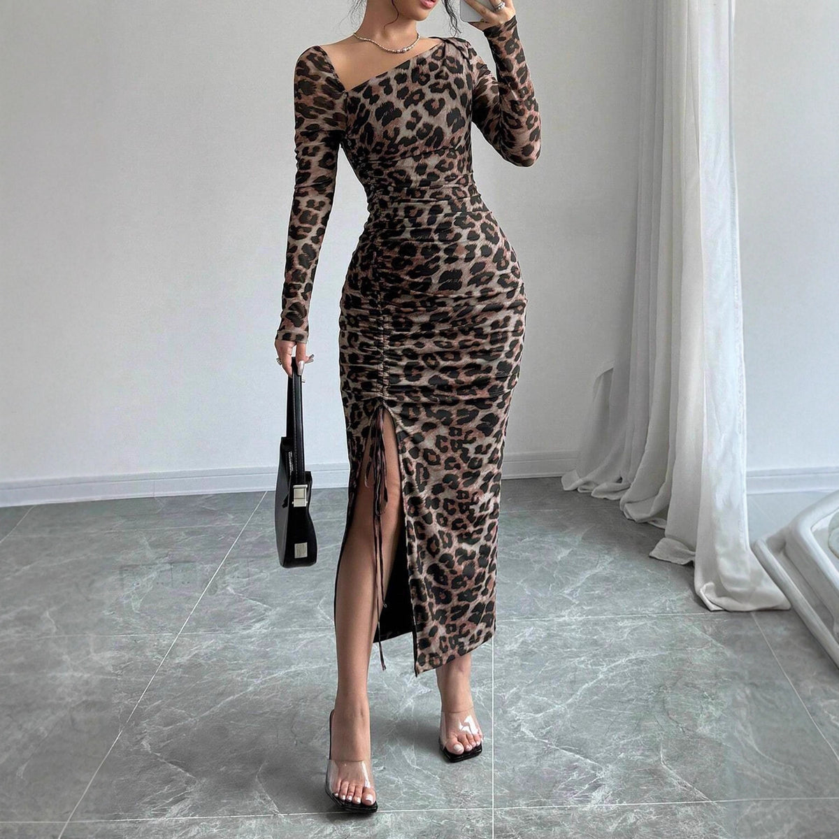 Leopard Print Asymmetric Neck Long Sleeve Ruched High Split Bodycon Midi Dress