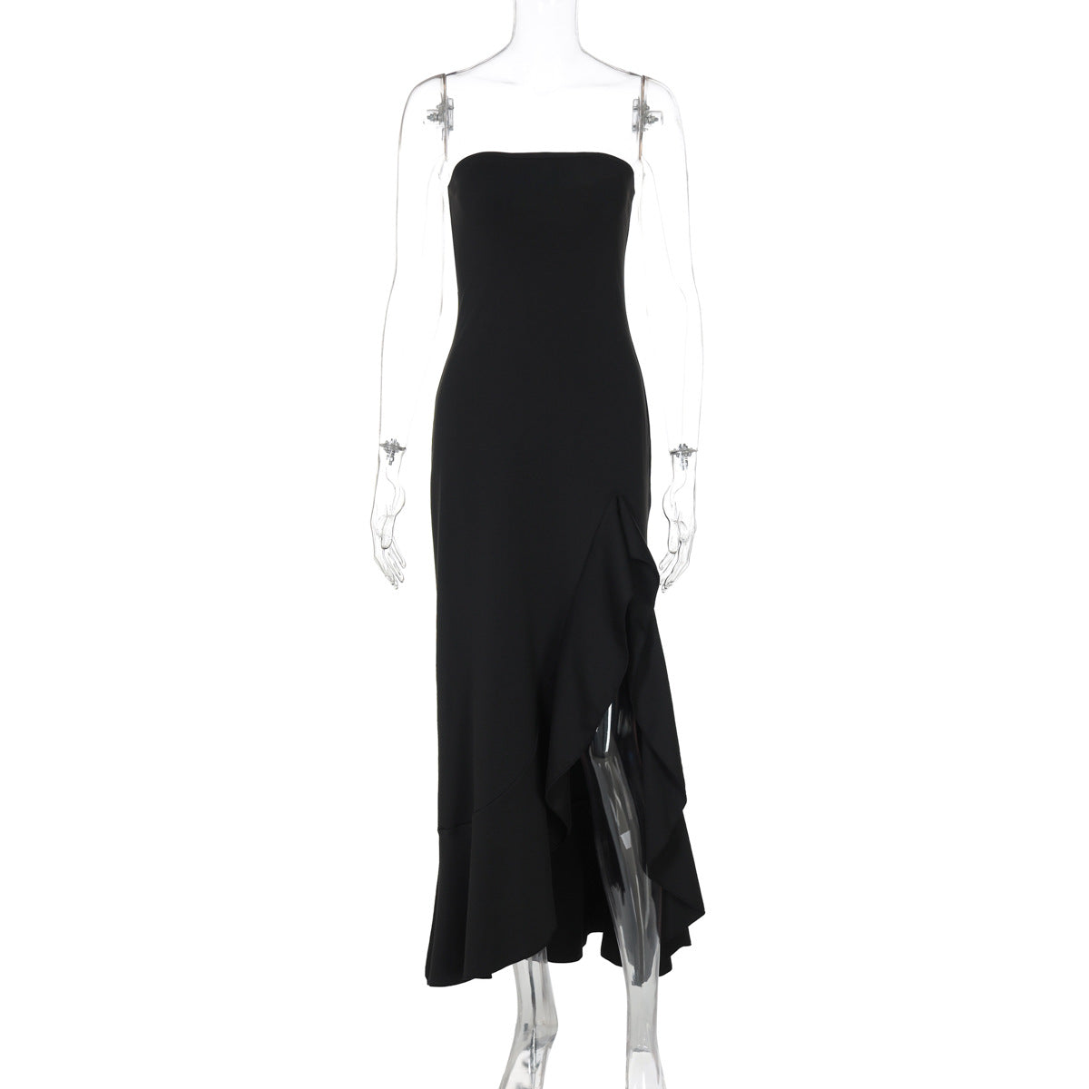 Strapless Ruffle Trim High Split Column Maxi Dress 2