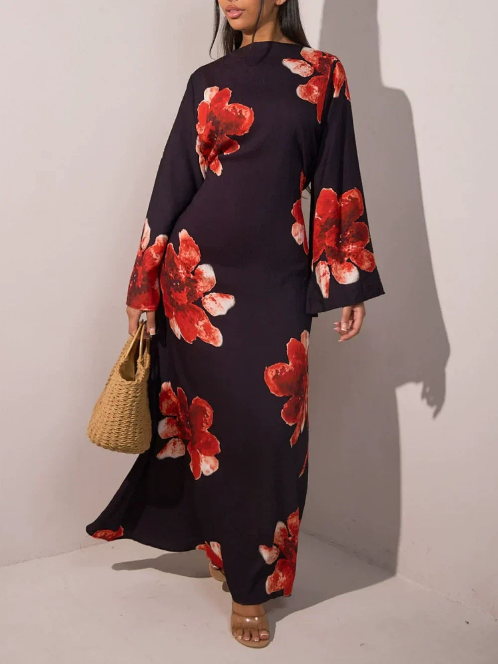 Printed dress with a tight waist maxi dress Black