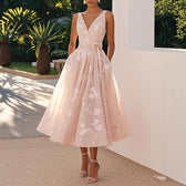 Floral V-Neck Sleeveless A-Line Midi Dress Wedding Guest