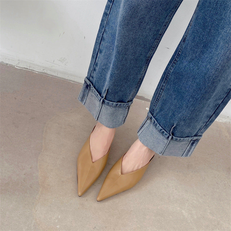 Pointed Toe V Cut Low Heel Mules