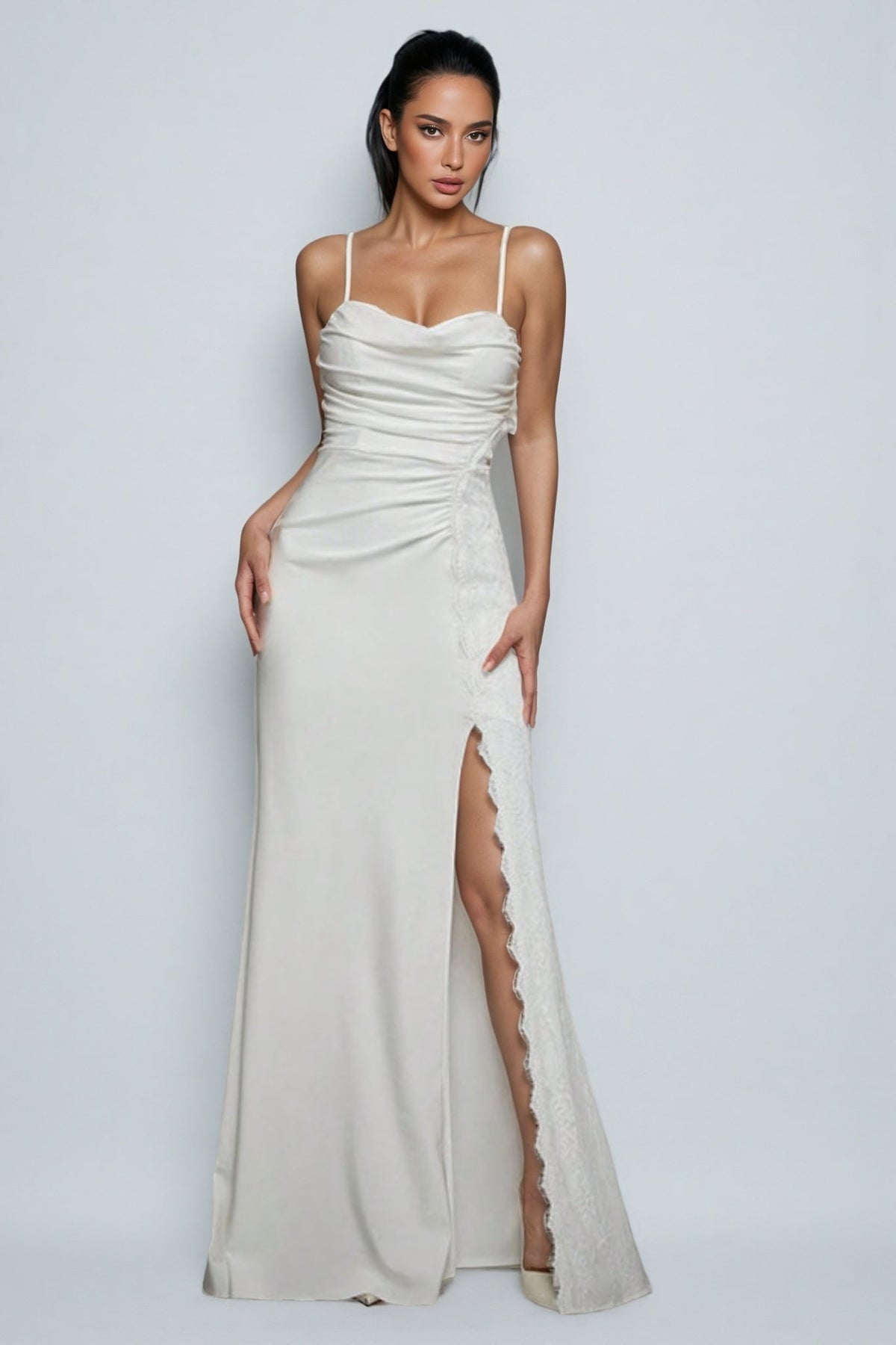 Satin Cowl Neck Spaghetti Strap Ruched High Split Maxi Dress 4