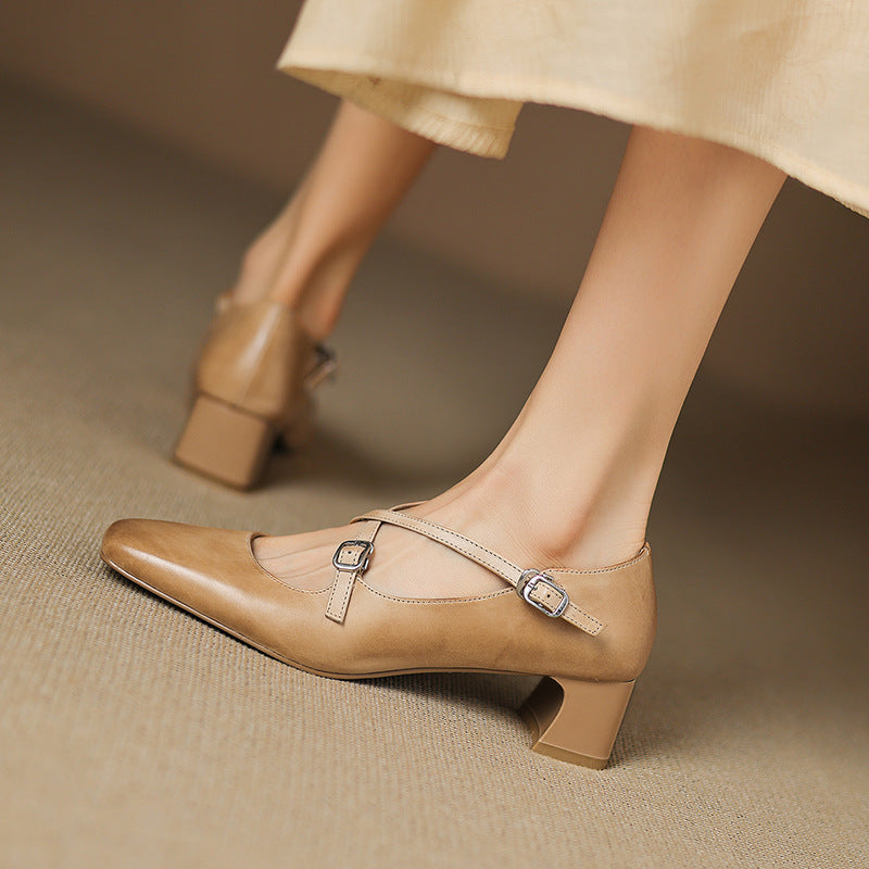 Square Toe Double Buckle Strap Block Heel Mary Jane Pumps