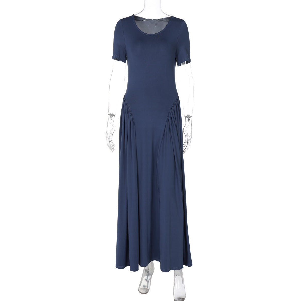 Scoop Neck Short Sleeve Fitted Waist Pleated Flowy Maxi Dress 2