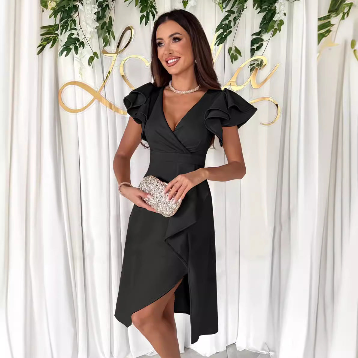 Wrap V-Neck Flutter Sleeve Asymmetric Ruffle Hem Midi Dress 4
