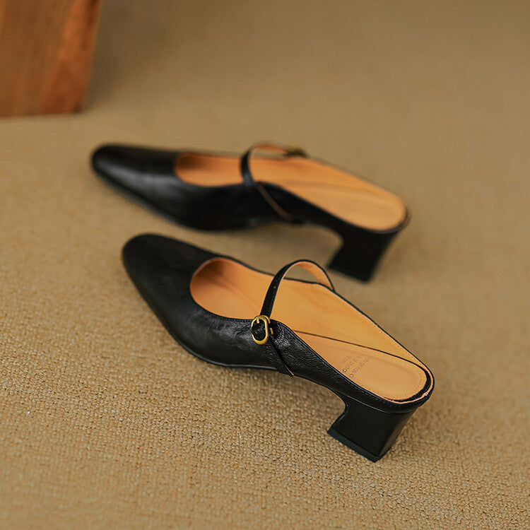 Square Toe Buckle Block Heel Mary Jane Mules