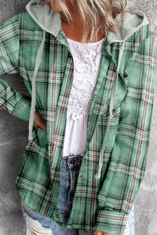 Flannel Plaid Button Down Hoodie Top