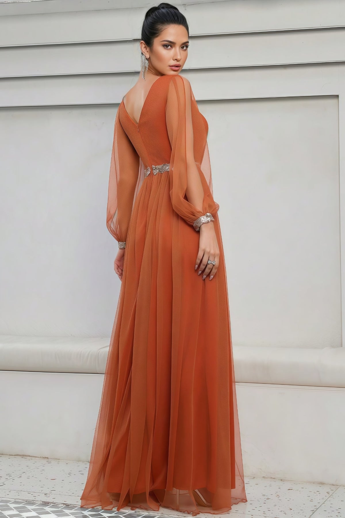 V-Neck Sheer Split Long Sleeve Pleated Tulle A-Line Maxi Dress 5