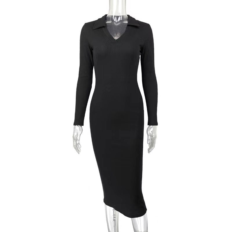 Ribbed Knit Collared V-Neck Long Sleeve Bodycon Midi Sweater Dress 2