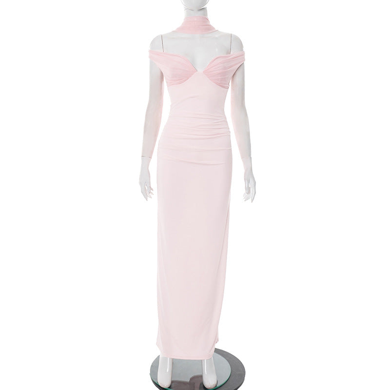 Off Shoulder Sweetheart Neck Scarf Ruched Bodycon Maxi Dress 2