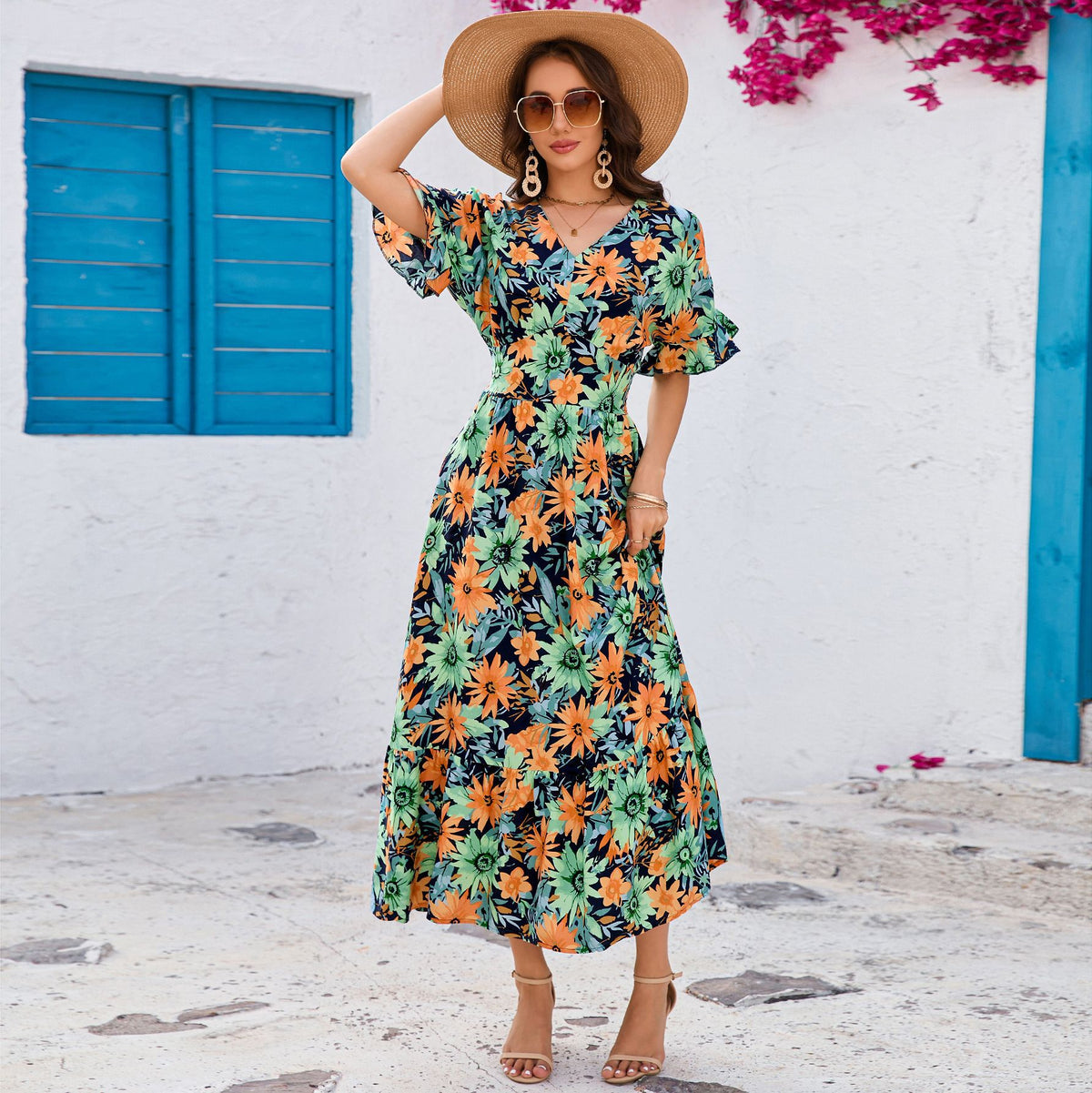 Floral Print V-Neck Ruffle Short Sleeve Ruffle Hem Maxi Dress 2