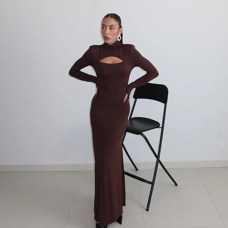 Mock Neck Long Sleeve Keyhole Cut Out Bodycon Maxi Dress