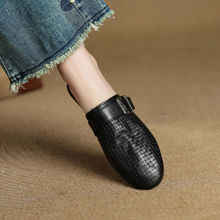 Croc Print Square Toe Buckle Flat Mules