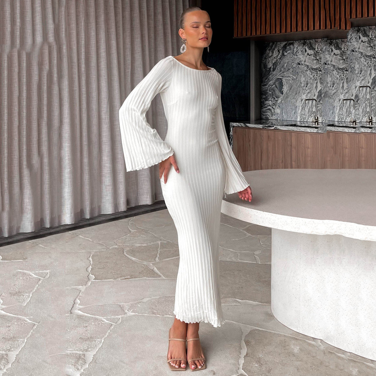 Ribbed Knit Long Bell Sleeve Open Back Tie Bodycon Maxi Dress 4