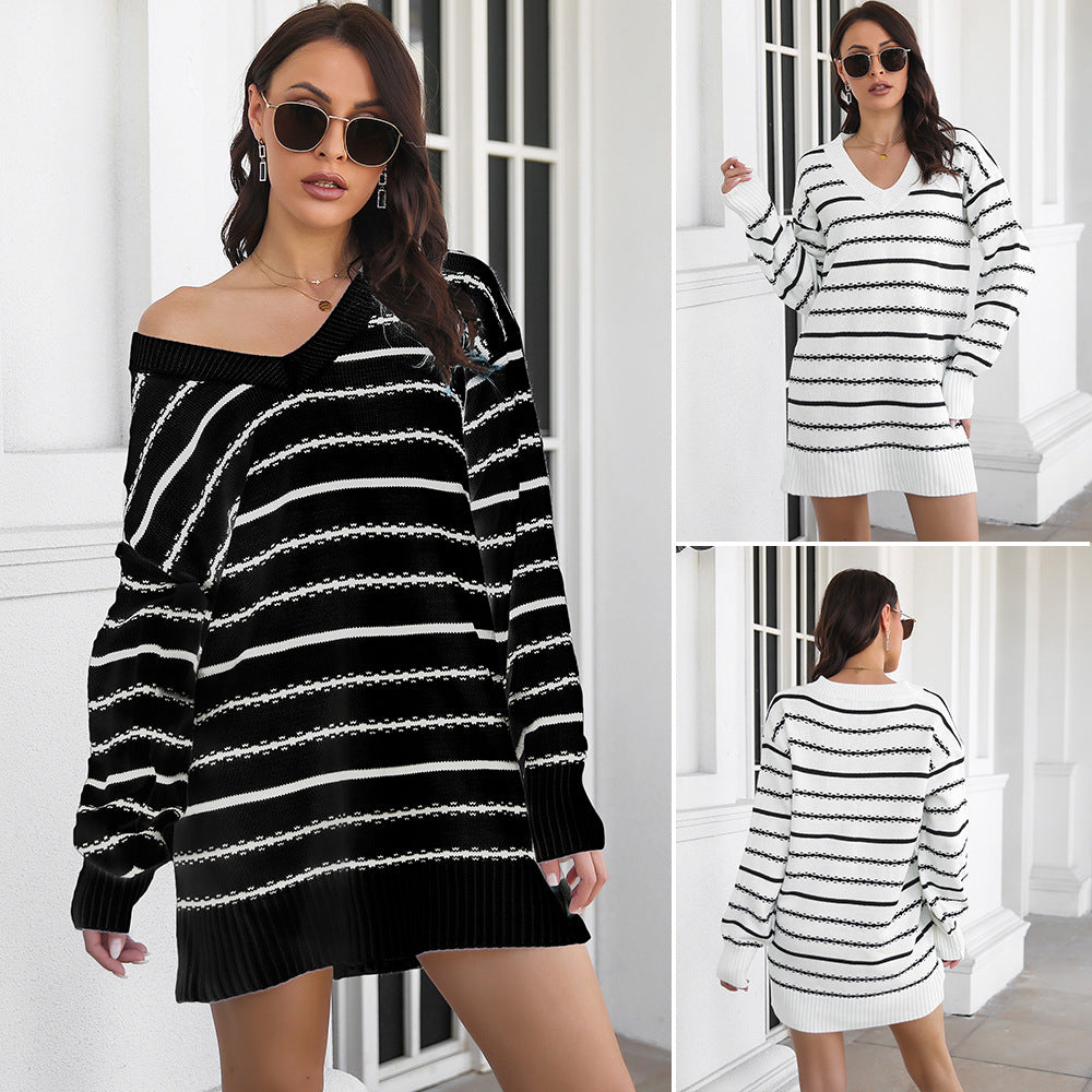 Striped Knit V-Neck Drop Shoulder Long Sleeve Oversized Sweater Dress 5