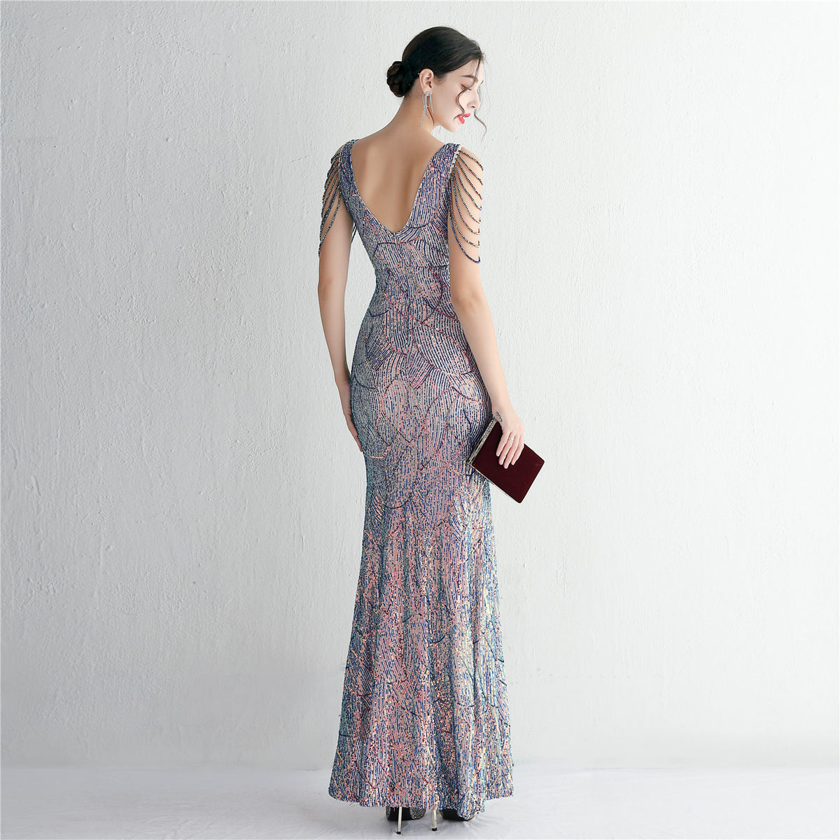 Sequin Deep V-Neck Beaded Chain Sleeve Twist Front High Split Evening Gown 5