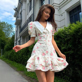 Floral Puff Sleeve Collar Button Front Ruffle Mini Dress