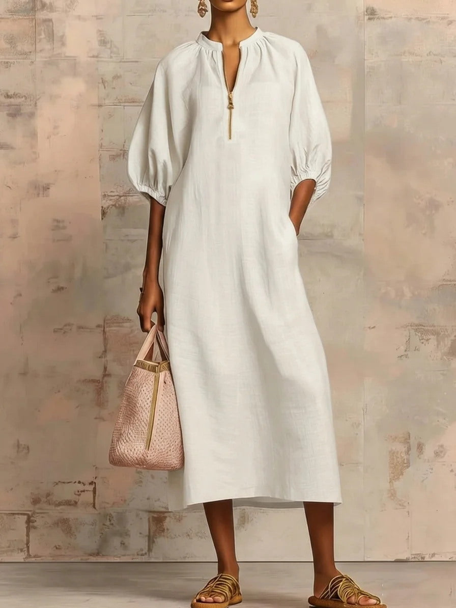V-Neck Puff Sleeve Loose Linen Midi Dress Summer 8