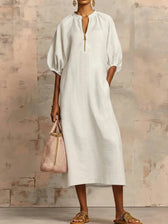 V-Neck Puff Sleeve Loose Linen Midi Dress Summer 8