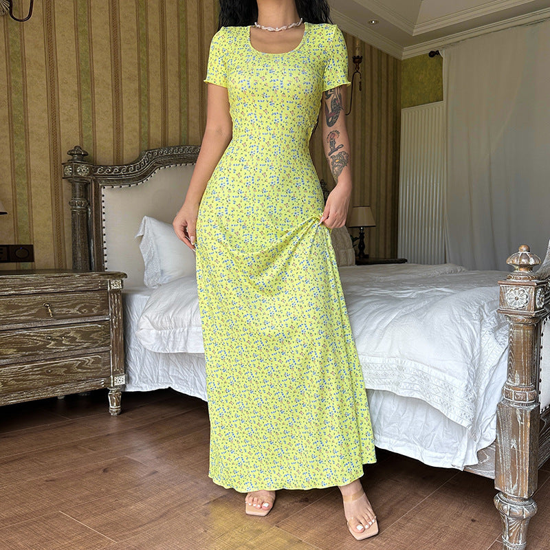 Women Wear Summer Printed U Neck Back Strap Short Sleeve Dress
