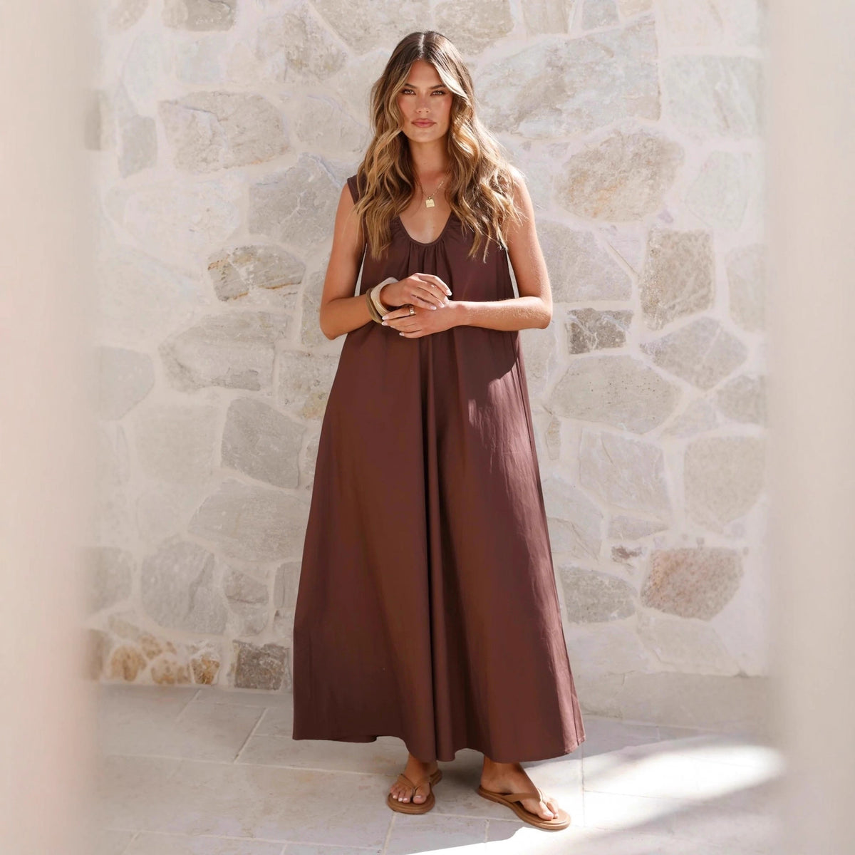 Scoop Neck Sleeveless Gathered Loose A-Line Maxi Dress