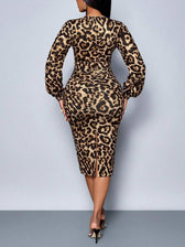 Leopard V-Neck Long Sleeve Lace Trim Ruched Bodycon Midi Dress 3